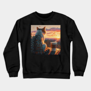 funny cat watching sunset with coffee, funny cats and coffee, cats lover Crewneck Sweatshirt